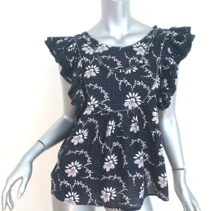 SEA Ruffle Blouse Tatiana Navy Floral Print Cotton Size 0 Flutter Sleeve Top