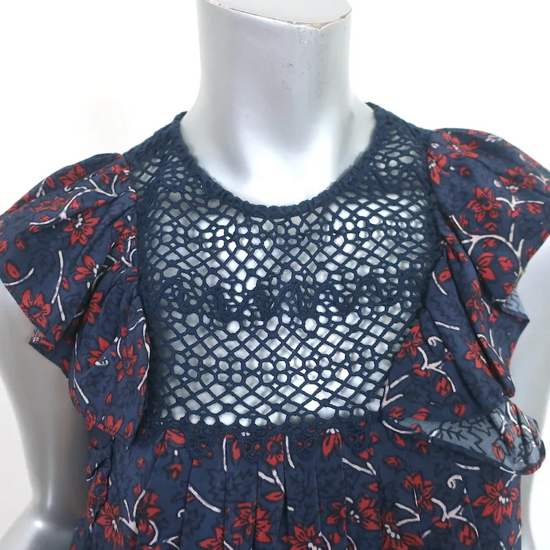 Haut sans manches SEA à volants marine en soie imprimée florale avec inserts en dentelle crochetée Taille 2