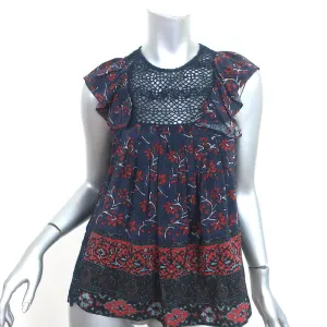 SEA Sleeveless Ruffle Top Navy Crochet Lace-Paneled Floral Print Silk Size 2