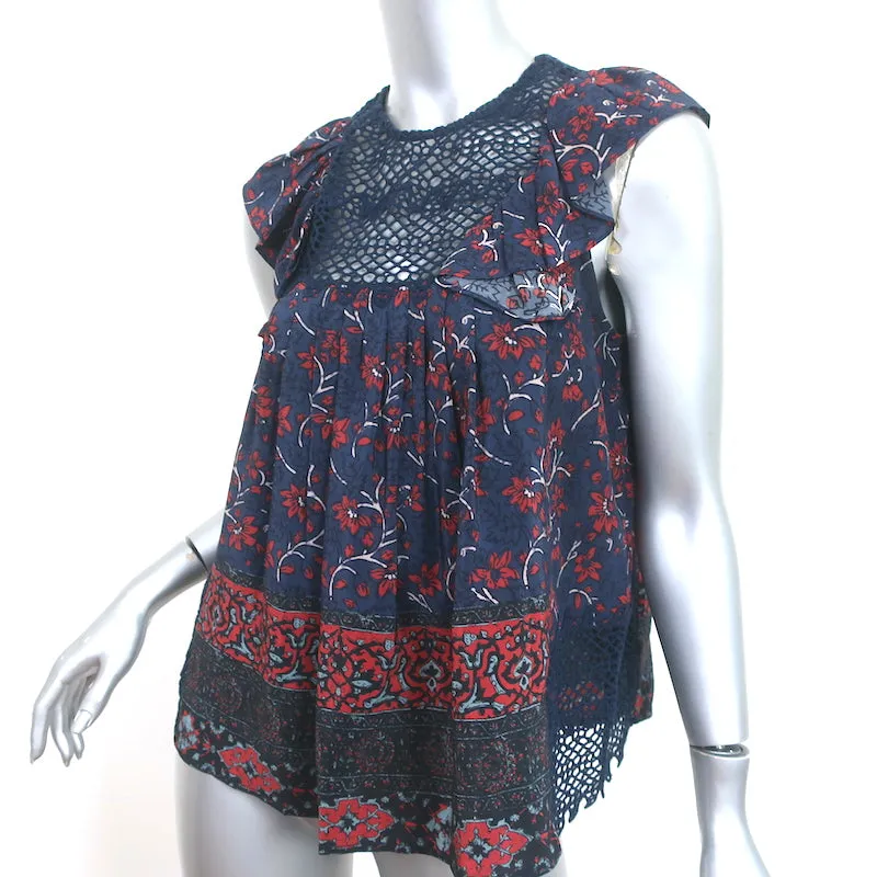 Haut sans manches SEA à volants marine en soie imprimée florale avec inserts en dentelle crochetée Taille 2
