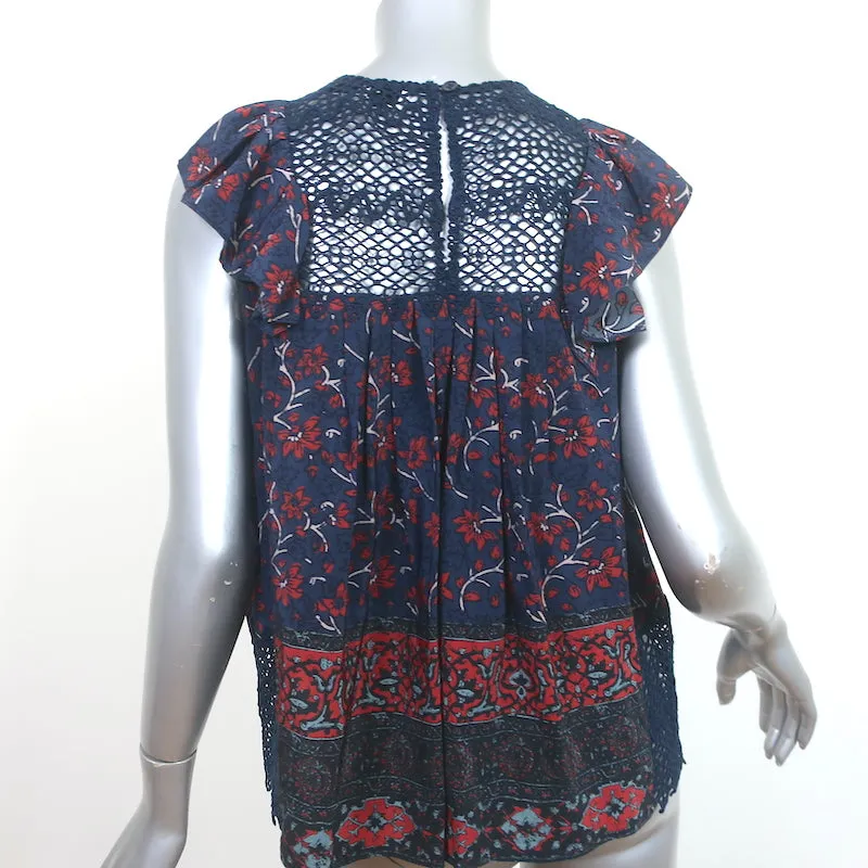 Haut sans manches SEA à volants marine en soie imprimée florale avec inserts en dentelle crochetée Taille 2