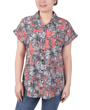 Short Rolled Sleeve Button Front Blouse