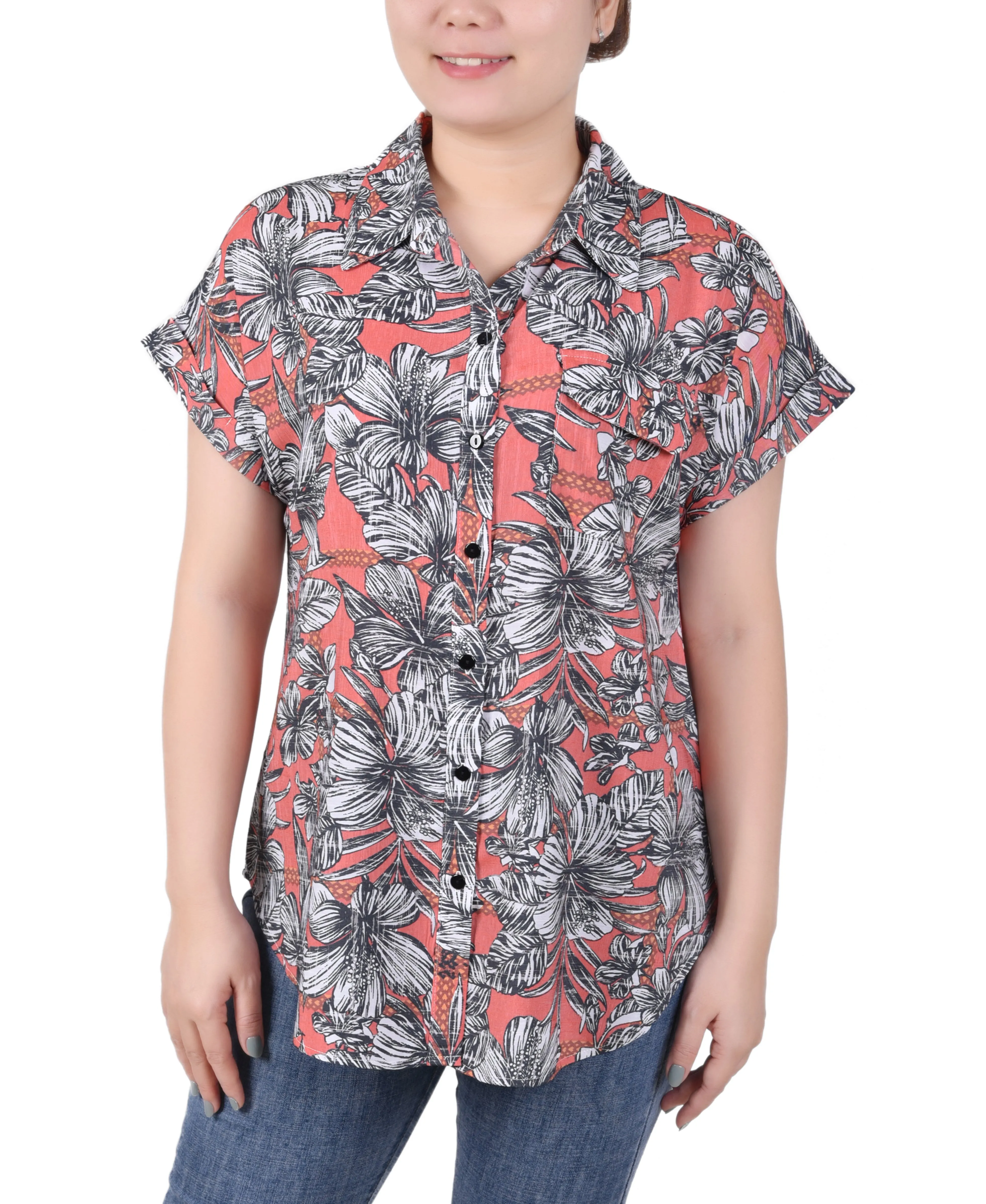 Blouse à boutonnage devant avec manches courtes retroussées
