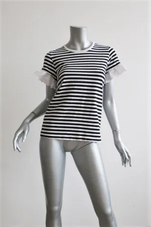 Sonia by Sonia Rykiel Eyelet Ruffle-Trim Tee Black/White Stripe Small