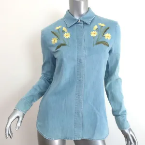 Stella McCartney Floral Embroidered Denim Shirt Blue Stretch Cotton Size 38