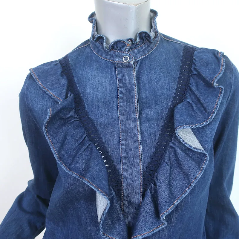 Stella McCartney Chemise en Denim à Volants et Dentelle Bleu Indigo Taille 36 Haut à Manches Longues
