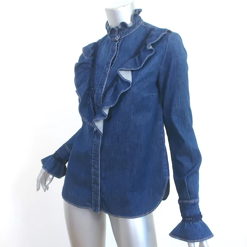 Stella McCartney Chemise en Denim à Volants et Dentelle Bleu Indigo Taille 36 Haut à Manches Longues
