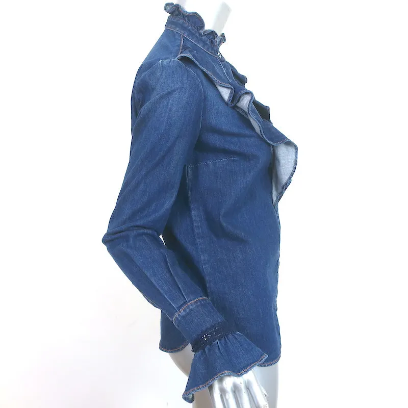 Stella McCartney Chemise en Denim à Volants et Dentelle Bleu Indigo Taille 36 Haut à Manches Longues