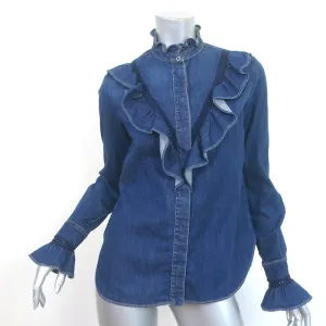 Stella McCartney Ruffled Lace-Trim Denim Shirt Indigo Size 36 Long Sleeve Top