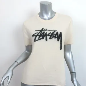 Stussy Sidney Logo Tee Ivory Brushed Knit Size Small Short Sleeve Sweater