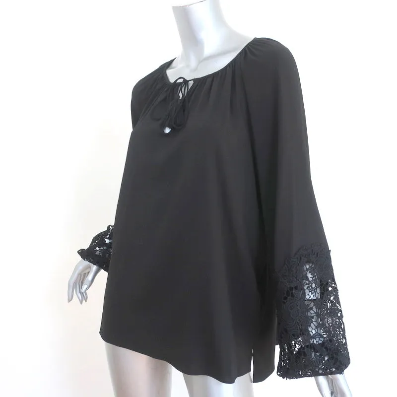 T Tahari Blouse paysanne à poignet en dentelle Noir Taille Grand Manches longues Top à nouer NEUF