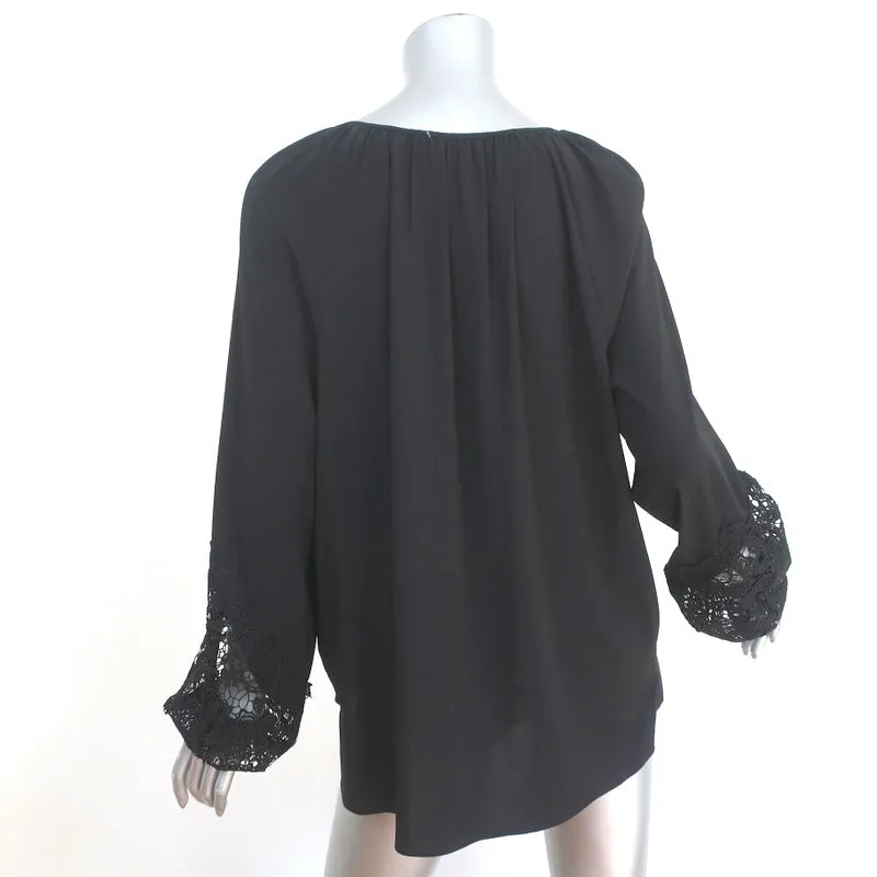 T Tahari Blouse paysanne à poignet en dentelle Noir Taille Grand Manches longues Top à nouer NEUF