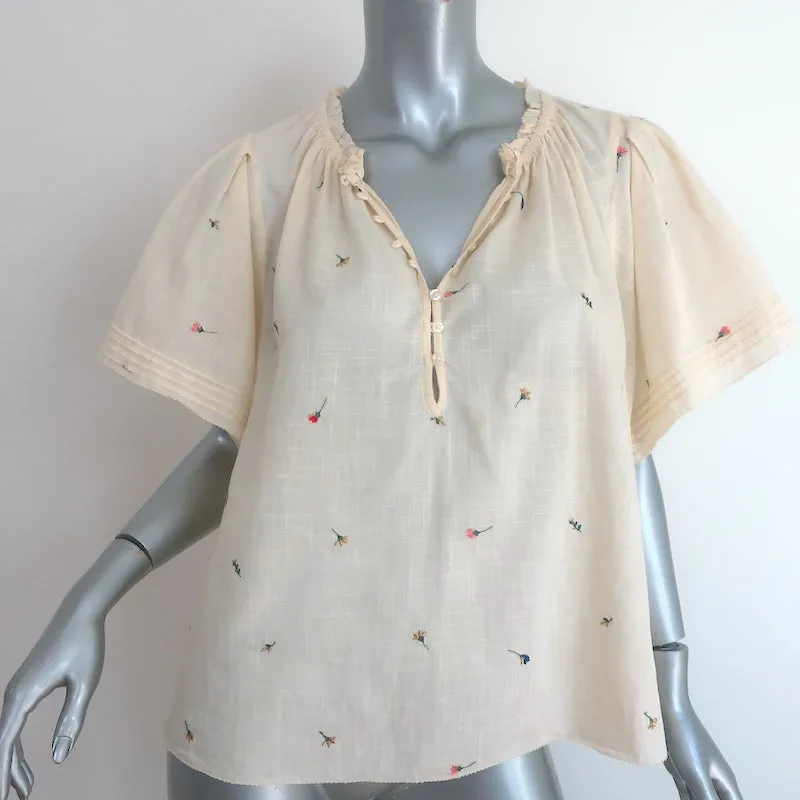 LE MAGNIFIQUE Haut Brodé de Fleurs en Coton Écru Taille 2 Blouse à Manches Courtes