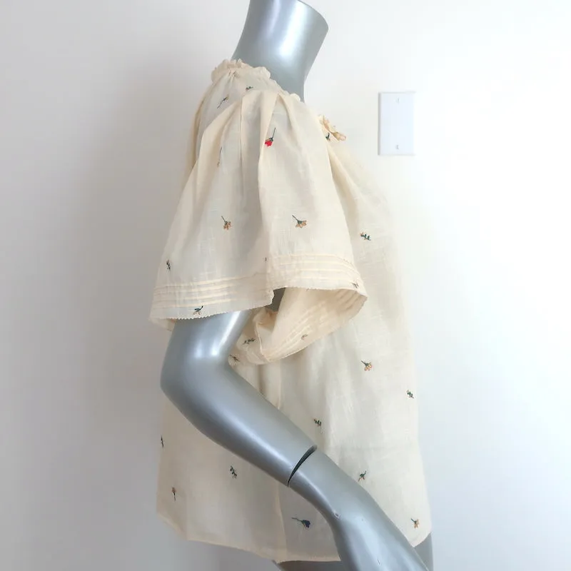 LE MAGNIFIQUE Haut Brodé de Fleurs en Coton Écru Taille 2 Blouse à Manches Courtes