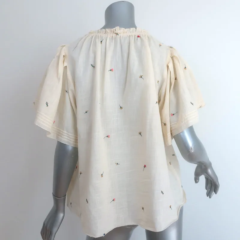 LE MAGNIFIQUE Haut Brodé de Fleurs en Coton Écru Taille 2 Blouse à Manches Courtes