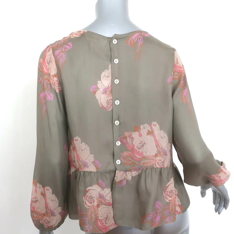 LA MAGNIFIQUE Blouse Peplum Taupe Imprimé Floral en Soie Taille 0
