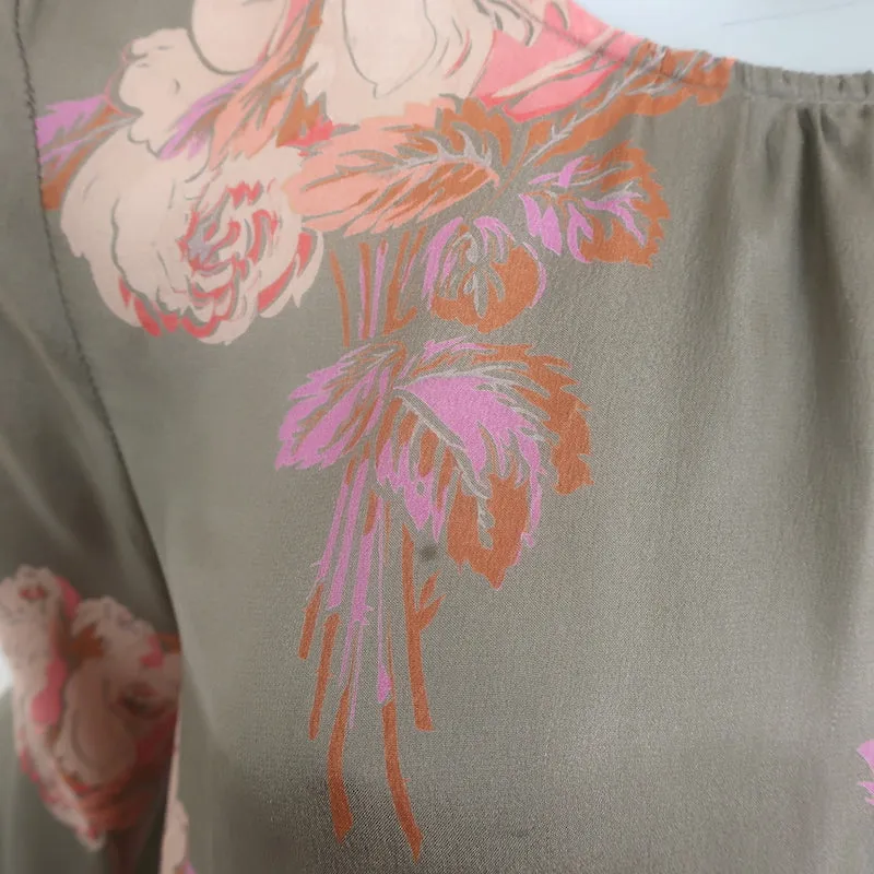 LA MAGNIFIQUE Blouse Peplum Taupe Imprimé Floral en Soie Taille 0
