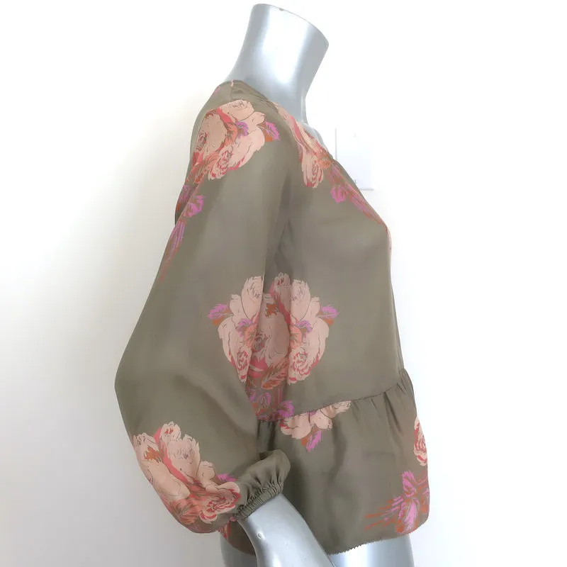 LA MAGNIFIQUE Blouse Peplum Taupe Imprimé Floral en Soie Taille 0