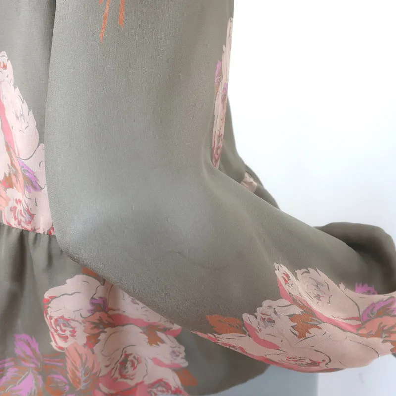 LA MAGNIFIQUE Blouse Peplum Taupe Imprimé Floral en Soie Taille 0