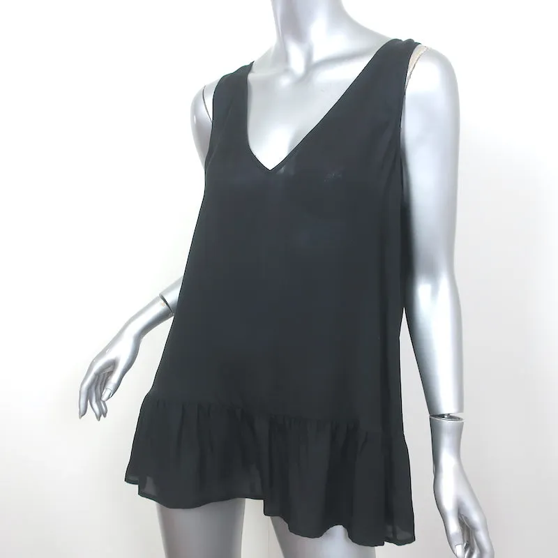 LE SUPERBE Débardeur à Ourlet Volanté Soie Noire Taille 2 Blouse sans Manches Col en V