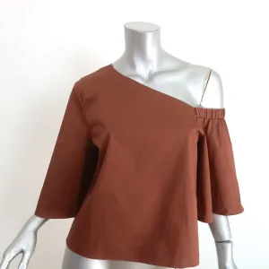 Tibi One-Shoulder Top Brown Satin Poplin Size 4 Short Sleeve Blouse