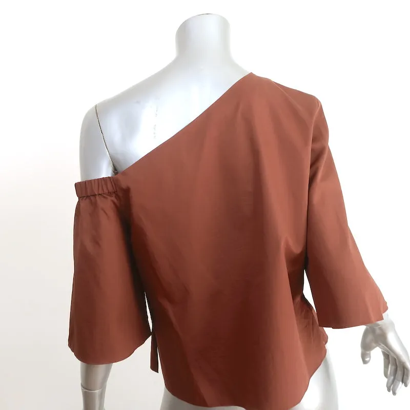 Tibi Blouse Une Épaule en Satin Popeline Marron Taille 4 Manches Courtes