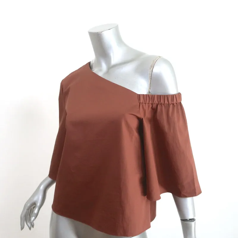 Tibi Blouse Une Épaule en Satin Popeline Marron Taille 4 Manches Courtes