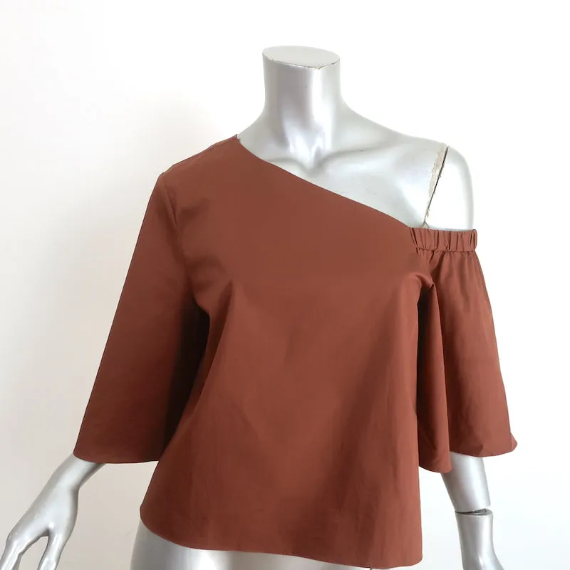 Tibi Blouse Une Épaule en Satin Popeline Marron Taille 4 Manches Courtes