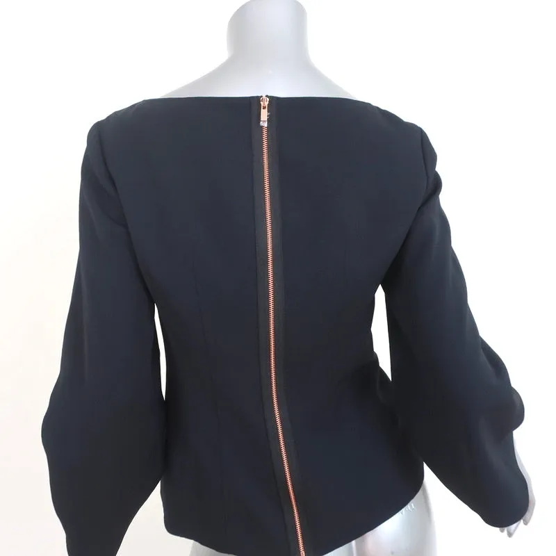 Tibi Blouse Noire en Crêpe à Manches Ruched Taille 4 avec Fermeture Éclair dans le Dos NEUVE