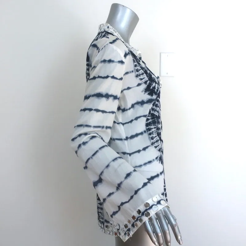 Tory Burch Stephanie Tunique à Broderies Miroir Blanc/Bleu Marine Tie Dye Taille 4