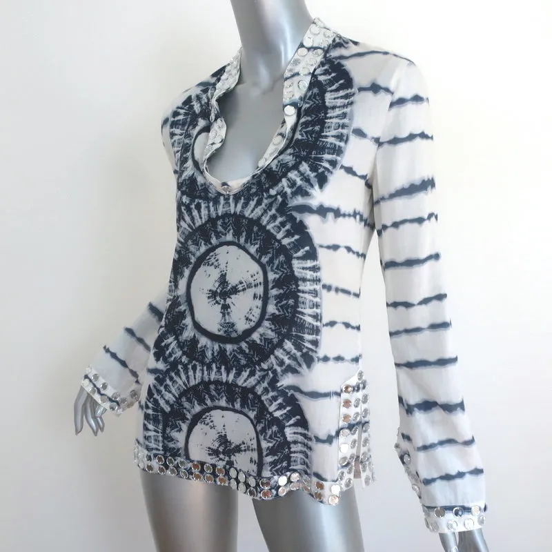 Tory Burch Stephanie Tunique à Broderies Miroir Blanc/Bleu Marine Tie Dye Taille 4