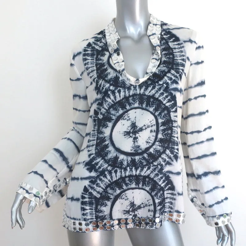 Tory Burch Stephanie Tunique à Broderies Miroir Blanc/Bleu Marine Tie Dye Taille 4