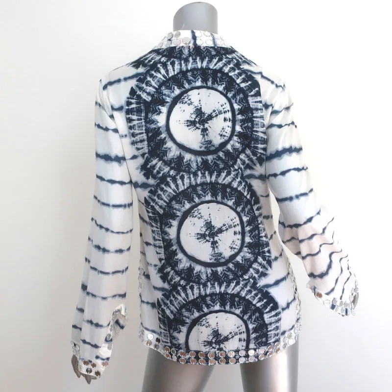 Tory Burch Stephanie Tunique à Broderies Miroir Blanc/Bleu Marine Tie Dye Taille 4