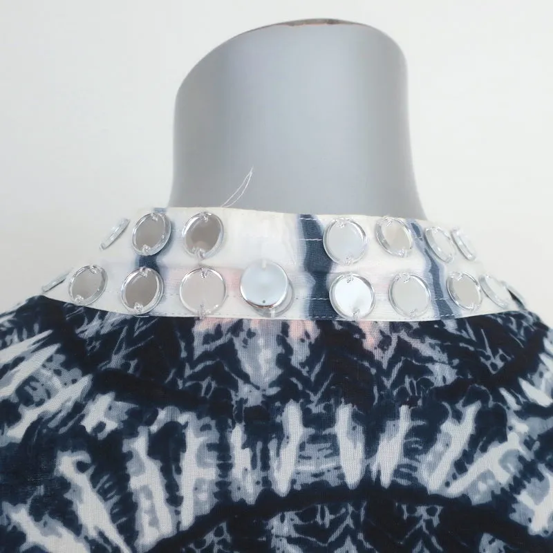 Tory Burch Stephanie Tunique à Broderies Miroir Blanc/Bleu Marine Tie Dye Taille 4