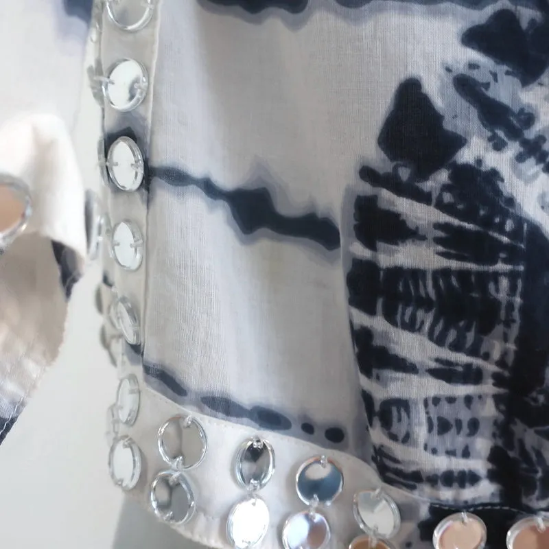 Tory Burch Stephanie Tunique à Broderies Miroir Blanc/Bleu Marine Tie Dye Taille 4