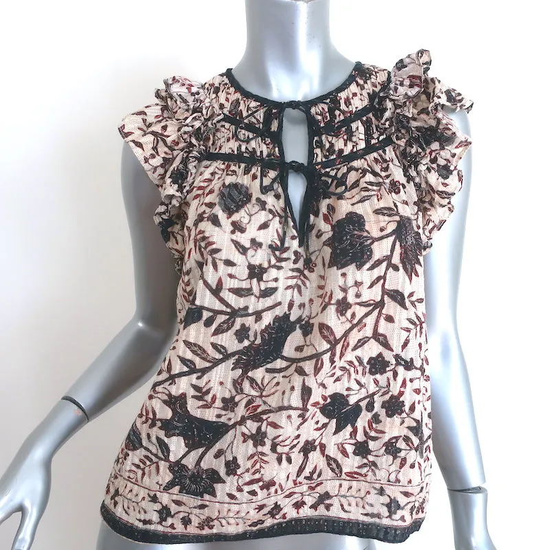 Ulla Johnson Asmara Haut à manches volantes et col noué Crème Imprimé floral Taille 4