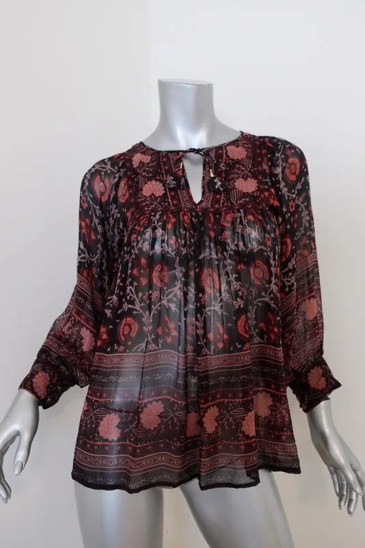 Blouse Ulla Johnson Bea Noir/Rouge Imprimé Floral Soie Taille 0 Haut Paysan