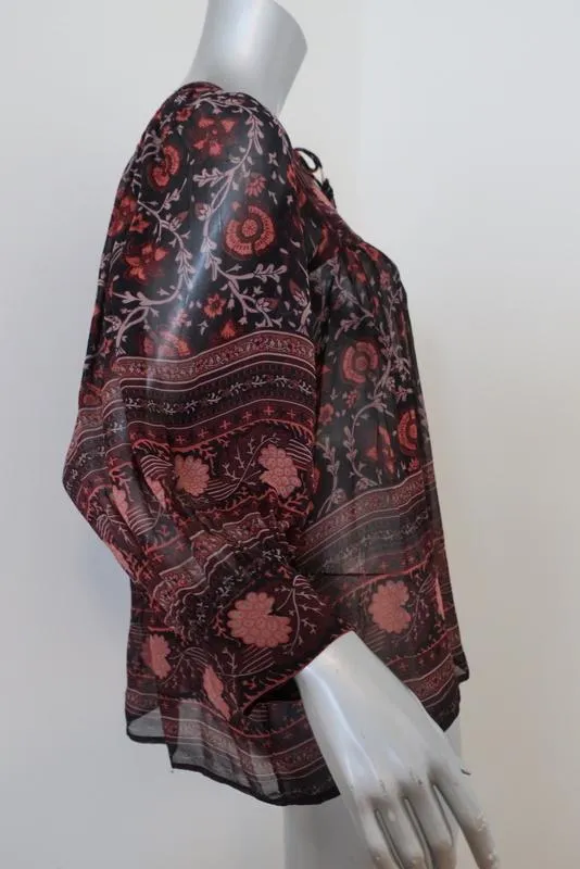 Blouse Ulla Johnson Bea Noir/Rouge Imprimé Floral Soie Taille 0 Haut Paysan