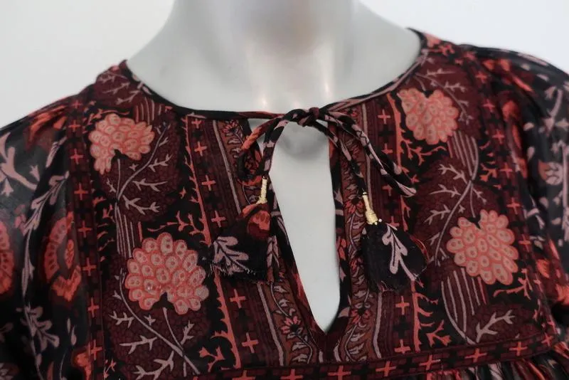 Blouse Ulla Johnson Bea Noir/Rouge Imprimé Floral Soie Taille 0 Haut Paysan