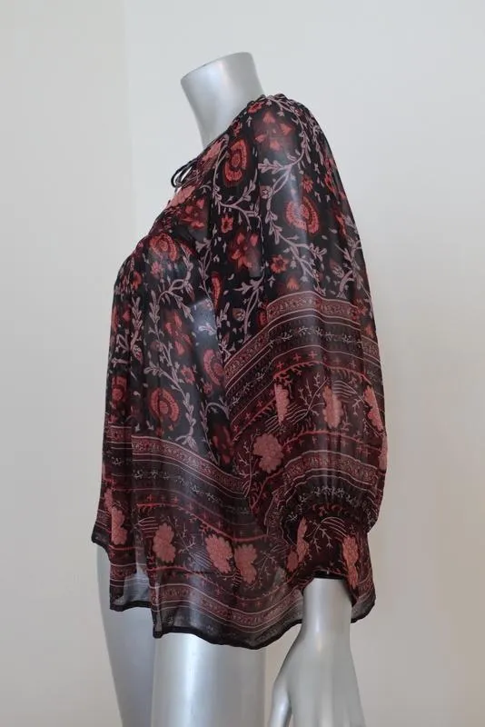 Blouse Ulla Johnson Bea Noir/Rouge Imprimé Floral Soie Taille 0 Haut Paysan