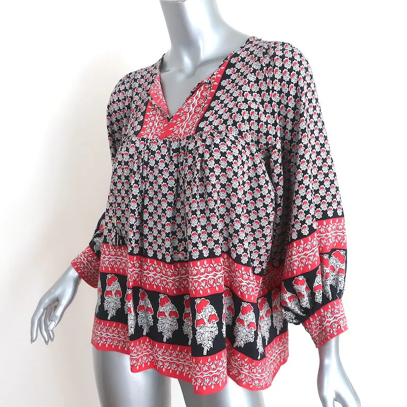 Blouse Ulla Johnson Bea Noir/Rouge Imprimé floral indien Soie Taille 6 Top à nœud