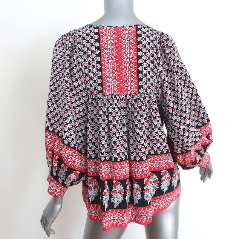Blouse Ulla Johnson Bea Noir/Rouge Imprimé floral indien Soie Taille 6 Top à nœud