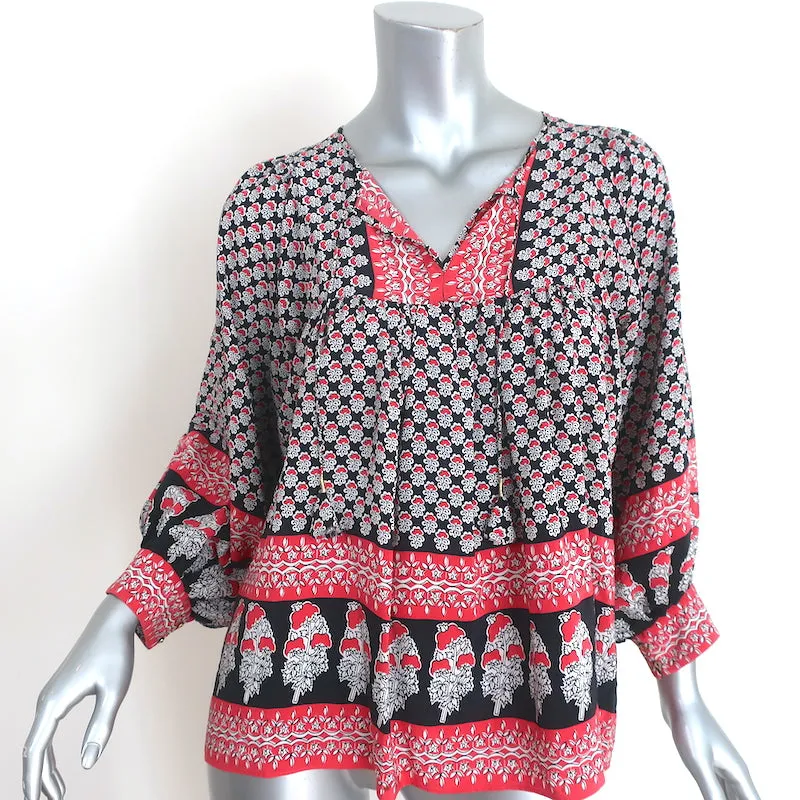 Blouse Ulla Johnson Bea Noir/Rouge Imprimé floral indien Soie Taille 6 Top à nœud
