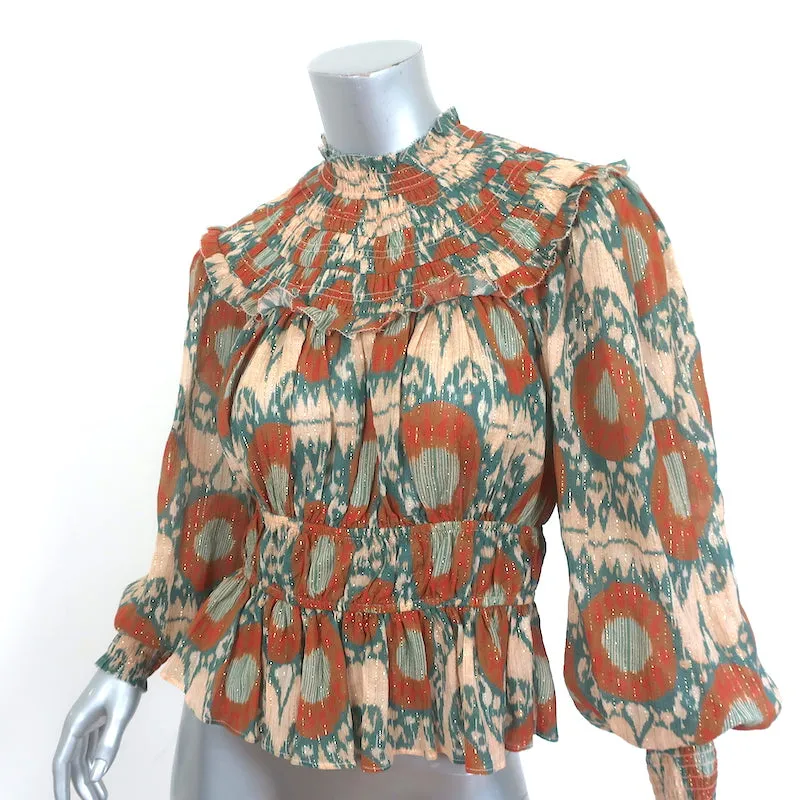 Blouse Ulla Johnson Noor Nimbus Imprimé Métallisé Taille 4 Haut à Manches Évêques NEUF