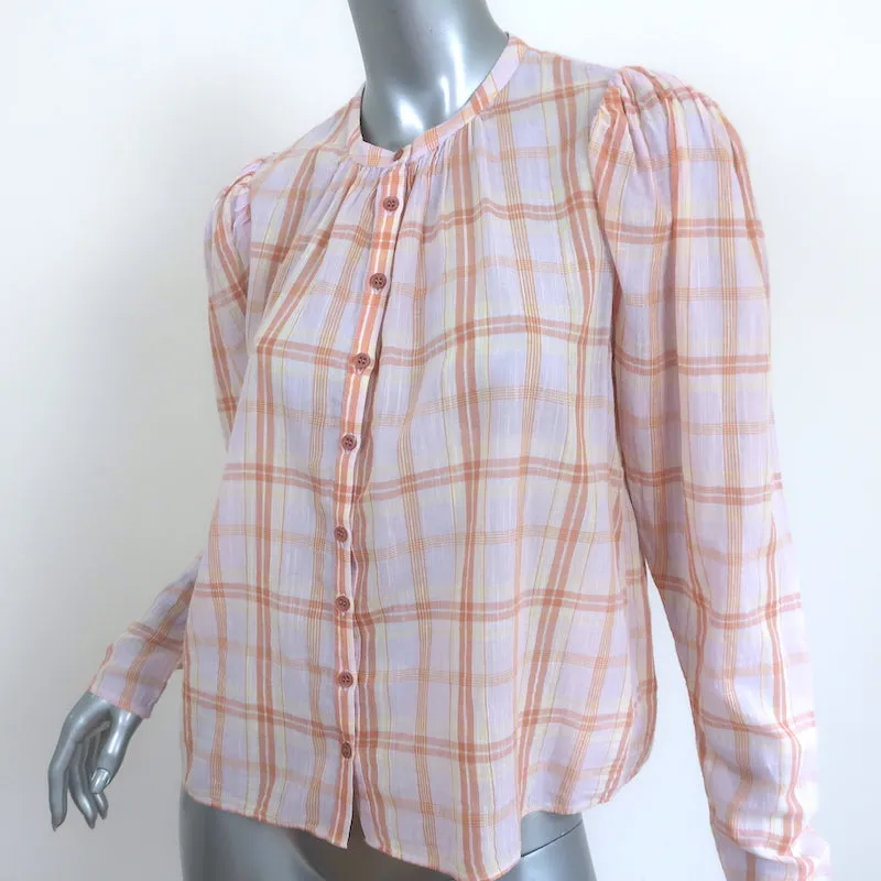 Chemise à boutons Ulla Johnson Nour en léger motif écossais rose taille 2 avec manches bouffantes