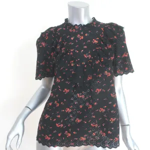 Ulla Johnson Choux Eyelet Embroidered Top Black Floral Print Cotton Size 0