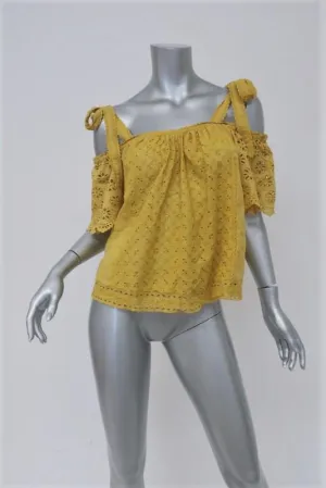 Ulla Johnson Cold Shoulder Top Blythe Mustard Eyelet-Embroidered Cotton Size 2