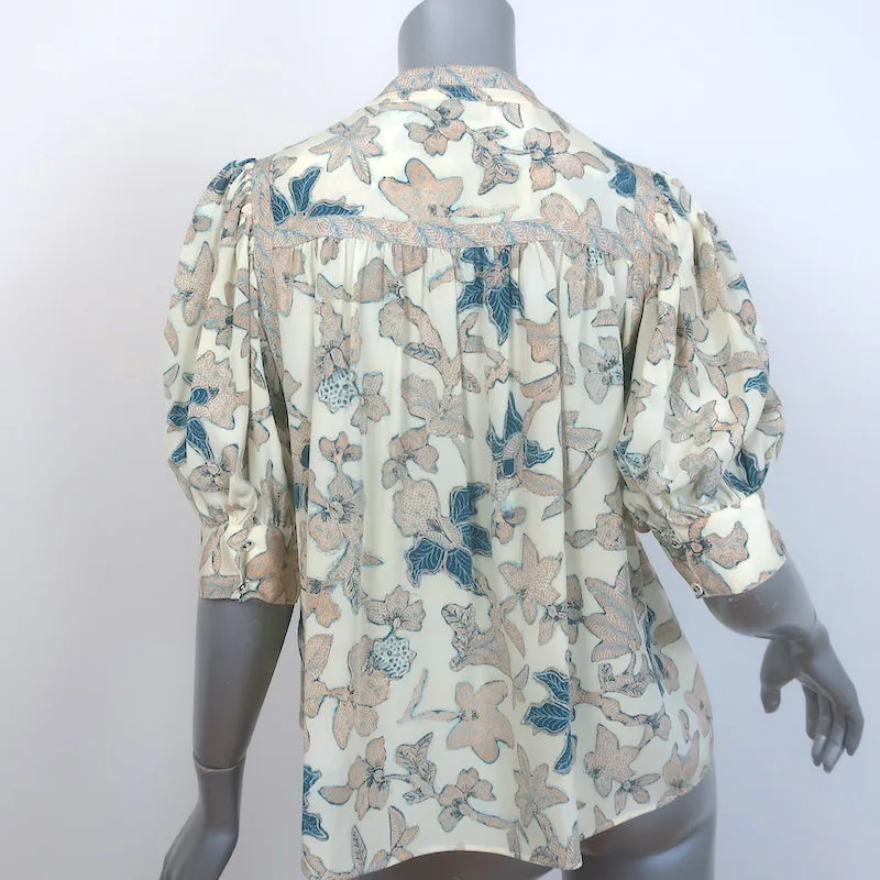 Ulla Johnson Desdra Haut Crème Imprimé Soie Taille 6 Blouse à Manches Bouffantes