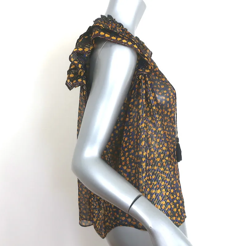 Ulla Johnson Doria Top à Col Noué Noir/Imprimé Floral Métallisé Jaune Taille 0