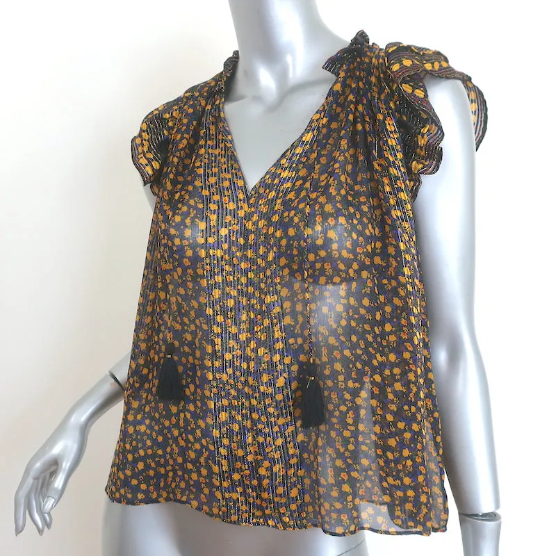 Ulla Johnson Doria Top à Col Noué Noir/Imprimé Floral Métallisé Jaune Taille 0